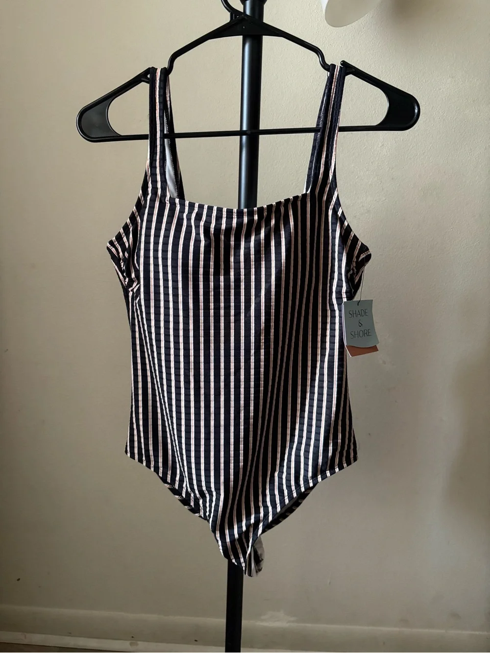 Shade & Shore Black and White Vertical Stripe One-Piece Swimsuit